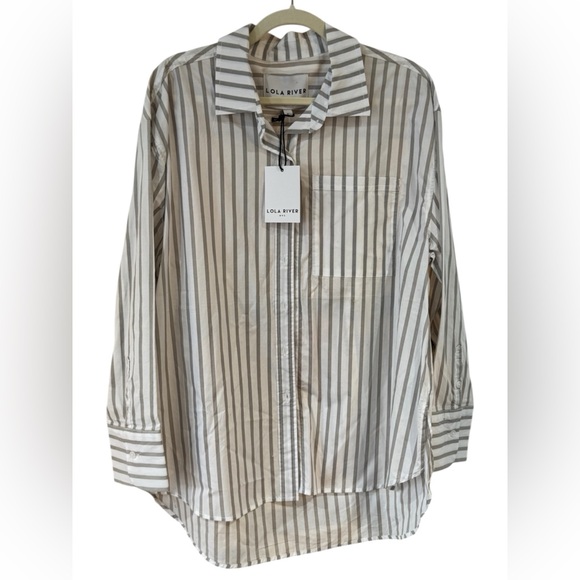 Lola River Tops - Lola River Striped Button-Down Shirt in Cream and Gray